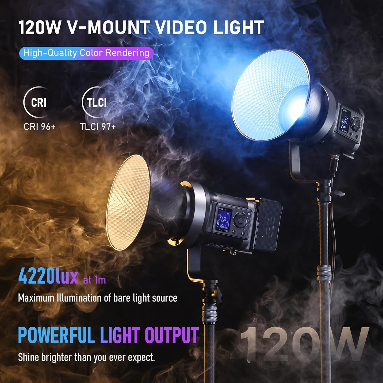 ULANZI 120W V-Mount COB LED Video Light, Bi Color 2700K-6500K COB Bowens Mount